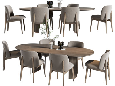 现代椭圆形实木餐桌椅组合
