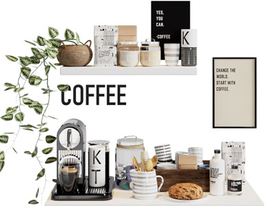 现代隔板调味瓶、咖啡机、咖啡杯厨具摆件组合