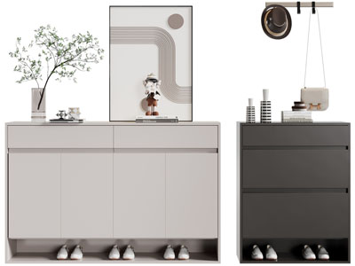 现代玄关鞋柜、摆件组合