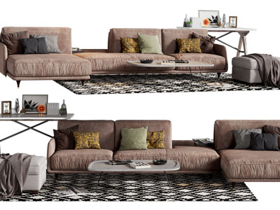 现代布艺转角多人沙发、茶几组合