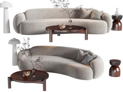 侘寂风多人沙发、茶几边几、落地灯