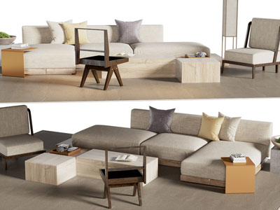 侘寂风多人沙发、休闲椅子和茶几组合