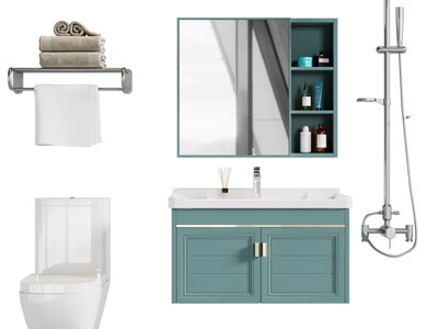 现代悬挂式洗手台、镜柜、马桶毛巾架