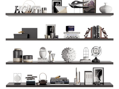 现代隔板书籍、装饰品摆件组合