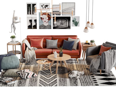 北欧双人沙发、单人沙发和茶几组合