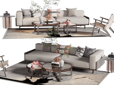 现代布艺多人沙发、休闲椅子和茶几组合