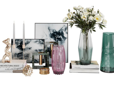 现代花瓶花卉、烛台、装饰画摆件组合