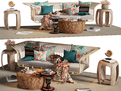 东南亚藤编多人沙发、茶几边几组合
