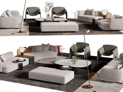 现代弧形多人沙发、沙发凳和茶几组合