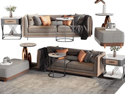 现代双人沙发、沙发凳、边几组合