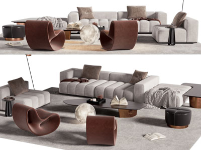 现代布艺多人沙发、沙发凳和茶几组合