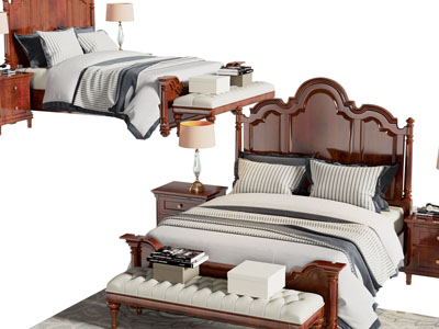 美式实木双人床、床头柜