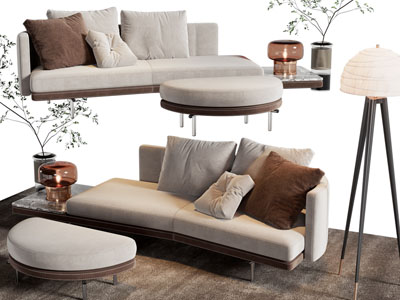 现代弧形多人沙发、脚踏、落地灯