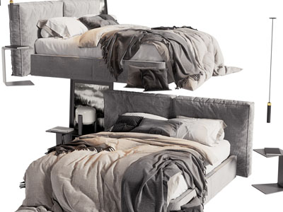 现代布艺双人床、边几