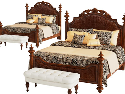 欧式实木双人床、床尾凳
