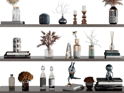 现代隔板上的花瓶、书籍摆件组合