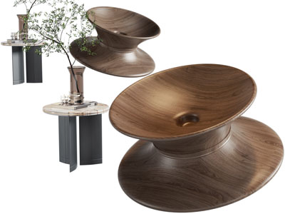 现代陀螺造的休闲椅子、边几