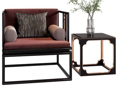 新中式扶手椅子、边几