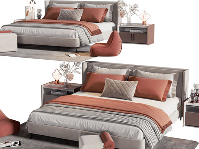 现代布艺双人床、床头柜