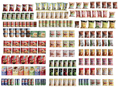 现代摆放整齐的薯片零食饮料