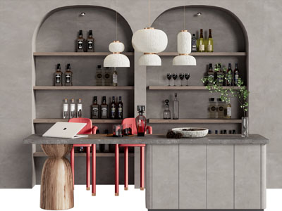 侘寂风带吧台的餐桌椅组合、酒柜