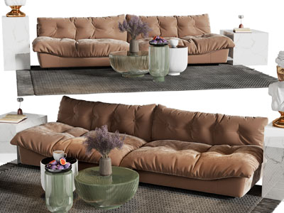 现代布艺无扶手的双人沙发、茶几组合