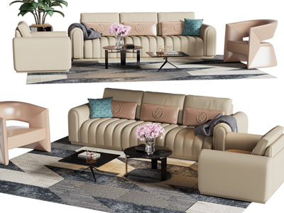 新中式多人、单人沙发和茶几组合