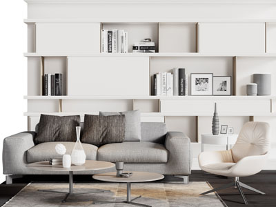 现代布艺双人沙发、休闲椅和茶几组合