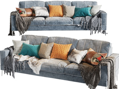 现代布艺多人沙发、盖毯