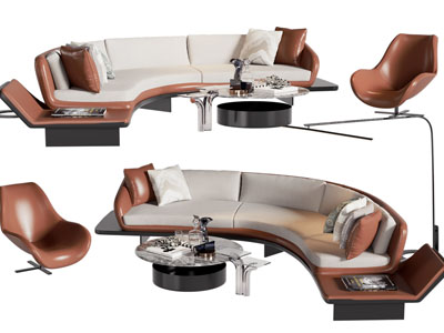 现代弧形多人沙发、休闲椅子和茶几组合