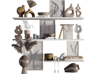 侘寂风隔板书籍、背景画、花瓶花卉摆件组合