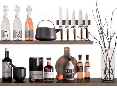 现代酒瓶酒杯、厨具摆件组合