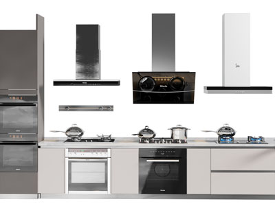 现代整体橱柜、抽油烟机、烤箱和燃气灶