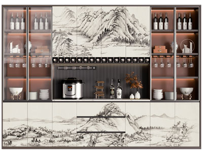 新中式中间镂空两边玻璃柜门的酒柜