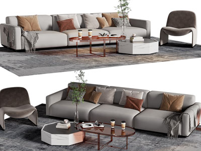 现代布艺多人沙发、休闲椅子和茶几组合