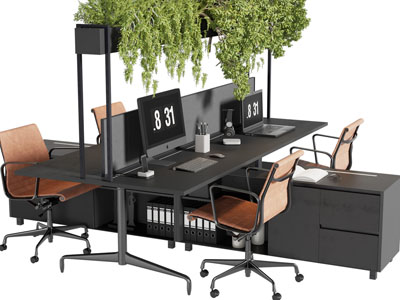 现代装饰花架的双向四人位办公桌椅组合