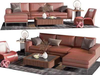现代红色转角多人沙发、休闲椅子和茶几组合