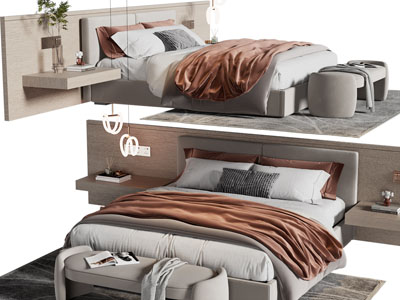 现代布艺双人床、床头柜