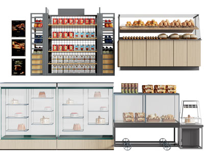现代玻璃蛋糕、面包甜点展示柜、货架3d模型 现代玻璃蛋糕、面包甜点展示柜、货架