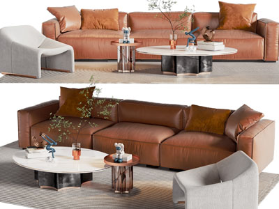 现代皮革多人、单人沙发和茶几组合