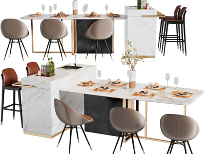 现代轻奢吧台延伸长方形餐桌椅组合