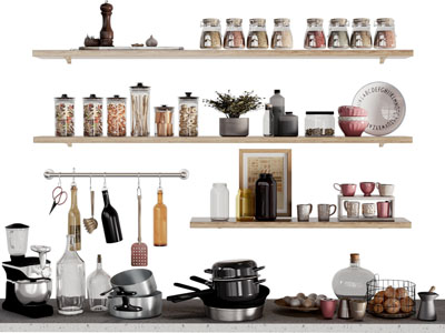 现代隔板上调味瓶、锅碗厨具摆件组合