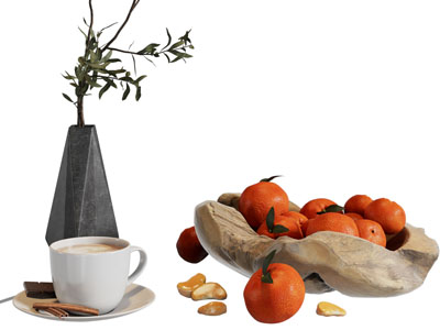 现代咖啡杯、花瓶花卉、果盘摆件组合