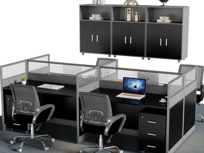 现代双向四人位办公桌椅组合、边柜