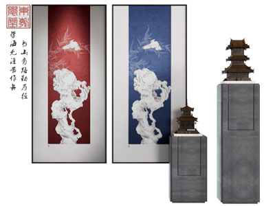 新中式装饰挂画、亭阁楼台建筑摆件