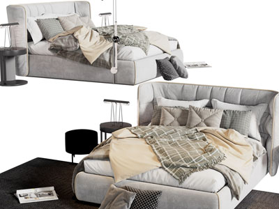 现代布艺双人床、床头柜