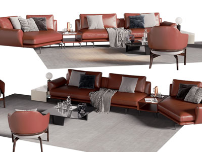 现代红色转角多人沙发、休闲椅子、茶几组合