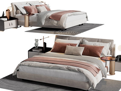 现代布艺双人床、床头柜