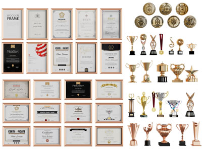 现代奖杯奖牌、荣誉证书3d模型 现代奖杯奖牌、荣誉证书