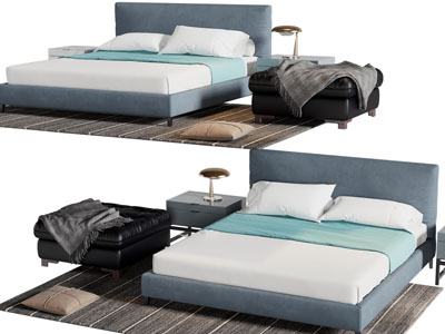 现代布艺双人床、床头柜